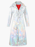 Ouzey Spring Long Shiny Reflective Holographic Silver Faux Leather Trench Coat for Women with Hood Zip Up Y2K Streetwear