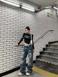 Ouzey 90s Streetwear New Retro Ripped Jeans for Women Tie Dye Letter Print Women Jeans Y2k Pants Hip Hop High Waist Baggy Jeans Women Streetwear