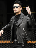 Ouzey Spring Autumn Short Cool Black Leather Biker Jacket Men Zipper Long Sleeve Belt Plus Size European Fashion 4xl 5xl