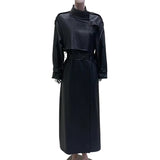 Ouzey Spring Black Extra Long Soft Pu Leather Trench Coat for Women Belt Double Breasted Elegant Luxury Chic Overcoat 2025