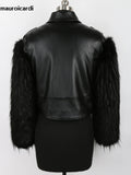 Ouzey Winter Short Thickened Warm Soft Fluffy Black Patchwork Pu Leather Biker Jacket with Faux Fur Inside and Sleeves