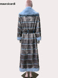 Ouzey Autumn Winter Extra Long Striped Thick Warm Faux Fur Coat Women with Fur Trim Elegant Luxury Maxi Furry Overcoat