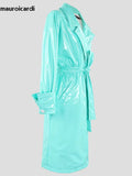 Ouzey Spring Autumn Long Waterproof Oversized Shiny Reflective Soft Thin Flowy Blue PVC Leather Trench Coat for Women 2025