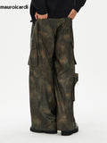 Ouzey Spring Autumn Long Baggy Colorful Distressed Brown Soft Pu Leather Wide Leg Cargo Pants Men Luxury Designer Clothing