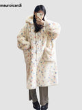 Ouzey Winter Long Oversized Colorful Cute Sweet Faux Fur Coat Women with Hood Horn Buttons Fluffy Furry Overcoat 2025