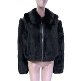 Ouzey Autumn Winter Short Black Thickened Warm Hairy Shaggy Pu leather Patchwork Faux Fox Fur Coat Women Fluffy Jacket