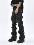 Ouzey Autumn Long Ruched Black Pu Leather Stacked Pants Men Dark Academia Vintage Clothes Steampunk Trousers Streetwear