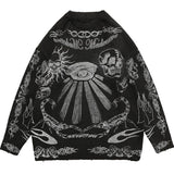 Ouzey 90s Streetwear Autumn and Winter New Gothic Punk Skull Dark Flame Pattern Mens Sweater Y2K Long Sleeved Knitted Pullover Sweaters Streetwear