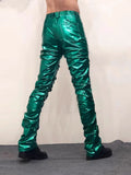 Ouzey Purple Green Shiny Reflective Skinny Stretchy Faux Leather Stacked Pants for Men Sexy Latex Trousers Y2K Streetwear