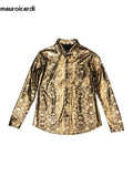 Ouzey Spring Autumn Cool Sexy Fitted Shiny Stretchy Colorful Snake Print Faux Leather Shirt Jacket Men Emo Clothes 2025