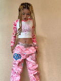 Ouzey dandys world Pink camouflage cartoon pattern straight Y2K jeans womens street hip hop design niche hot girl street wide leg baggy pants 2000s