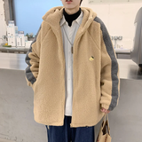 Ouzey Autumn Winter Lamb Wool Jacket Loose-fit Versatile Korean Trendy Fleece-lined Thickened Hooded Cotton Coat For Men