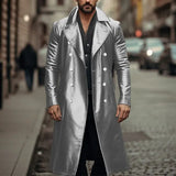 Ouzey New Style Autumn/Winter Men's Long Fashion European And American Plus Size Leather Jacket Double Row Button PU Overcoat