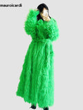 Ouzey Winter Extra Long Oversized Bright Green Colored Hairy Thick Warm Soft Shaggy Faux Mongolian Fur Coat Women Sashes