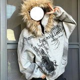 Ouzey Tie Dye Printed Large Fur Collar Thick Coats Harajuku Jackets 2025 New Autumn Winter Niche Fashion Element baggy Hoodies women