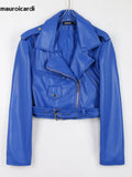 Ouzey Spring Short Blue Lightweight Soft Pu Leather Moto & Biker Jacket Women Zipper Belt Long Sleeve Fall Clothes 2025