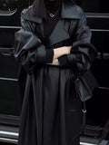 Ouzey Spring Autumn Black Long Soft Flowy Pu Leather Trench Coat for Women Raglan Sleeve Sashes Loose Casual Clothes 2025