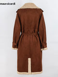 Ouzey Spring Winter Long Brown Thickened Warm Soft Fake Shearling Coat Women Belt Loose Faux Sheepskin Overcoat 2025