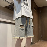 Ouzey American high street retro raw edge ripped denim shorts men's summer thin fashion brand trend handsome five point pants y2k tops