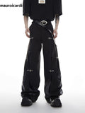 Ouzey Autumn Black Cool Leather Patchwork Wide Leg Pants for Mens Floor Length Luxury Designer Men Clothing Emo Streetwear