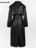 Ouzey Spring Autumn Long Oversized Black Pu Leather Trench Coat for Women Belt Double Breasted Loose Casual Maxi Overcoat