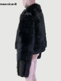 Ouzey Autumn Winter Short Black Thickened Warm Hairy Shaggy Pu leather Patchwork Faux Fox Fur Coat Women Fluffy Jacket