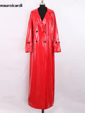 Ouzey Spring Autumn Extra Long Soft Red Reflective Shiny Patent Leather Coat Women Double Breasted Maxi European Fashion