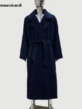 Ouzey Spring Winter Oversized Extra Long Warm Grey Wool Blends Coat Men Sashes Luxury Elegant Chic Woolen Overcoat 2025