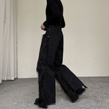 Ouzey Dark Plush Patchwork Denim Wide-leg Pants