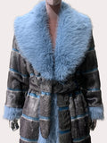 Ouzey Autumn Winter Extra Long Striped Thick Warm Faux Fur Coat Women with Fur Trim Elegant Luxury Maxi Furry Overcoat