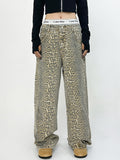 Ouzey 2024 New Y2K Straight Leg Vintage Leopard Print Jeans Women's Trend Wide Leg Washed Old Loose Drag Pants High Quality Trousers