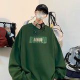 Ouzey Milk green letter print Hong Kong style sweatshirt men's trendy hoodless autumn and winter American retro jacket large size tops