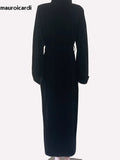 Ouzey Spring Black Long Soft Velvet Trench Coat for Women Shawl Collar Sashes Elegant Luxury Designer Clothes Overcoat