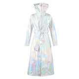 Ouzey Spring Long Shiny Reflective Holographic Silver Faux Leather Trench Coat for Women with Hood Zip Up Y2K Streetwear