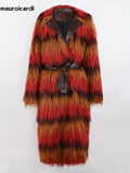 Ouzey Winter Long Colorful Striped Thick Warm Pu Leather Patchwork Faux Fur Coat Women Shaggy Hairy Fluffy Overcoat 2025