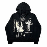 Ouzey 2025 American Retro Cross Print New Black Loose Zipper Hoodie Men's Street Harajuku Super David Jacket Y2K Punk Couple Jacket