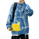 Ouzey 2024 Autumn/Winter New Loose-Fit Casual Trendy Cat Sweater For Men Round Neck Woolen Jacket Korean Style Couple Trendy Pullovers