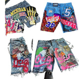 Ouzey 90s Streetwear Hip Hop Gothic Patchwork Y2K Denim Shorts Mens Womens Harajuku Baggy Sweatpants High Waist Casual Gym Shorts Streetwear