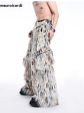 Ouzey Autumn Winter Long Colorful Thick Warm Hairy Fluffy Faux Fur Wide Leg Pants Men Pockets Runway Fashion Streetwear