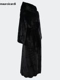 Ouzey Autumn Winter Extra Long Thick Warm Black Soft Fluffy Faux Fur Coat Women with Hood Sashes Scallop Hem Maxi Furry Overcoat 2025