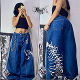 Ouzey 90s Streetwear 2024 New High Waisted Baggy Jeans Women Oversized Pattern Print Blue Slouchy Straight Wide Leg Pants Goth Harajuku Streetwear