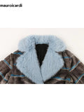 Ouzey Nerazzurri Autumn Winter Long Thick Warm Blue Striped Patchwork Faux Fur Coat Women Loose Casual Luxury Chic Korean Fashion 2025