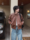 Ouzey Spring Autumn Cool Handsome Short Maillard Style Brown Pu Leather Racker Jacket Men Loose Casual Korean Fashion 2025