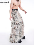 Ouzey Autumn Winter Long Colorful Thick Warm Hairy Fluffy Faux Fur Wide Leg Pants Men Pockets Runway Fashion Streetwear