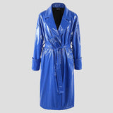 Ouzey Spring Autumn Long Waterproof Oversized Shiny Reflective Soft Thin Flowy Blue PVC Leather Trench Coat for Women 2025