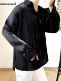 Ouzey Spring Black Flowy Soft Light Shiny Reflective Wine Red Satin Shirt Men Long Sleeve Loose Mens Designer Clothes 2025