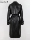 Ouzey Spring Long Loose Black Silver Soft Faux Leather Trench Coat for Women Sashes Double Breasted Leather Overcoat 2025