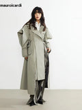 Ouzey Spring Long Oversized Elegant Ruffled Trench Coat for Women Double Breasted Luxury Designer Overcoat Runway Fashion