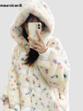 Ouzey Winter Long Oversized Colorful Cute Sweet Faux Fur Coat Women with Hood Horn Buttons Fluffy Furry Overcoat 2025