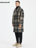 Ouzey Autumn Winter Long Loose Stylish Thick Warm Colorful Plaid Wool & Blends Coat Men Double Breasted Runway Fashion